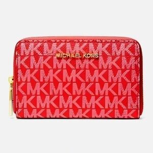 Michael Kors Small Logo Lacquer Red Monogram Zip Around Wallet